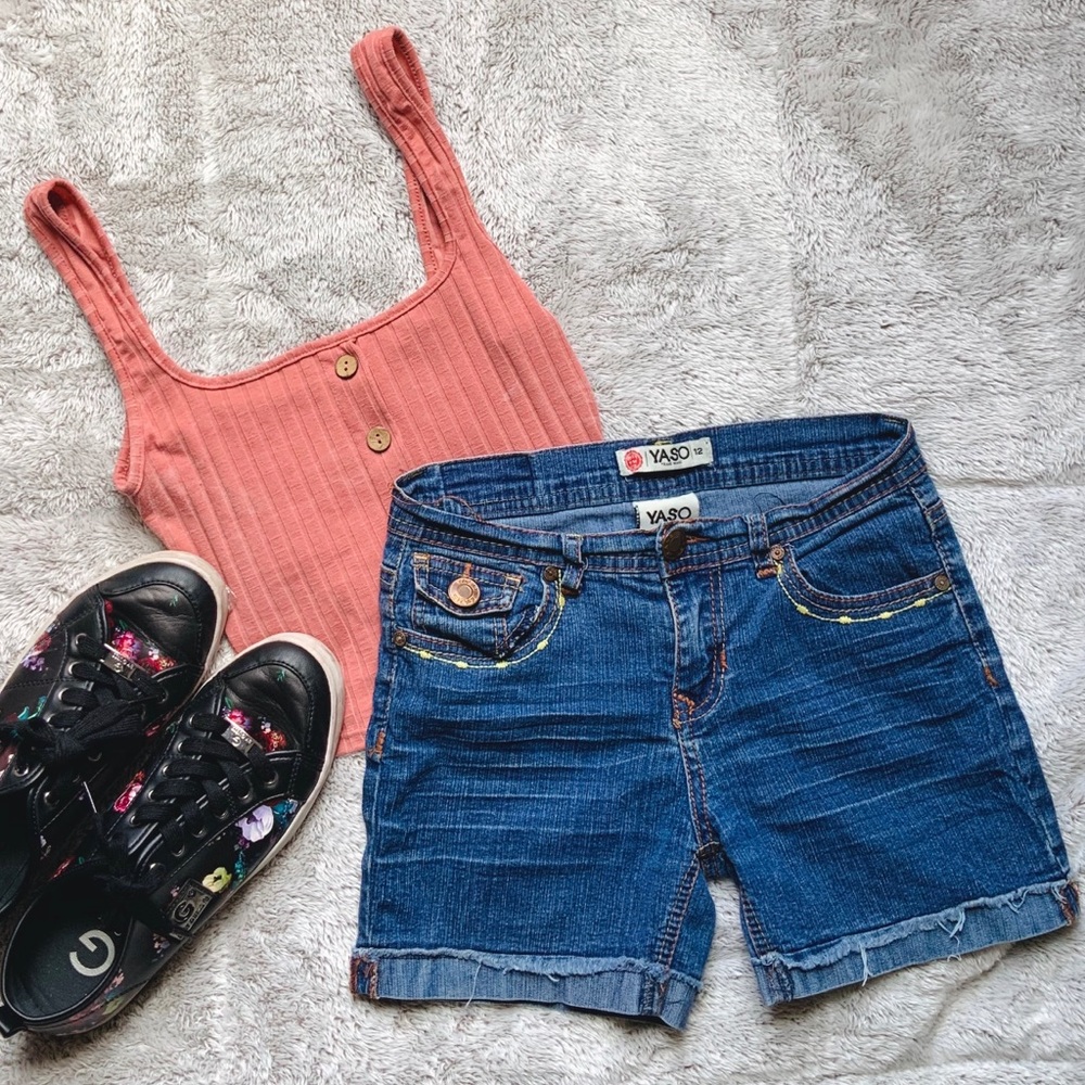 Medium-Blue Wash Cuffed Denim Shorts